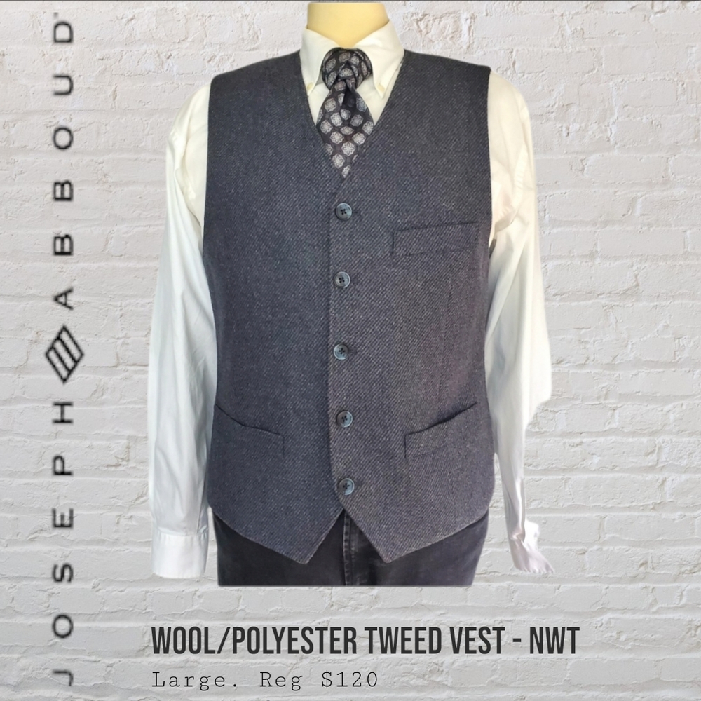 Joseph Abboud Charcoal Wool/Polyester Blend Tweed Vest Men's Large